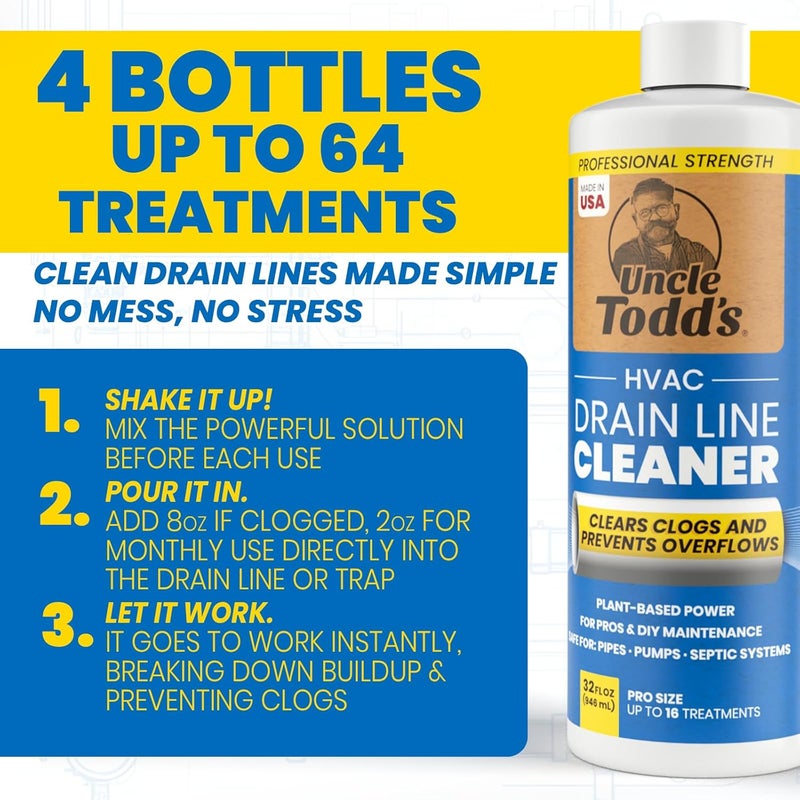 Uncle Todd's HVAC Drain Line Cleaner – 4pk of 32oz Bottles: Bleach-Free, Fast-Acting, Long-Lasting AC Drain Line Solution for Tough Clogs & Buildup - Image 3
